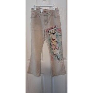 MIX Vintage Beige With Artistic Painted Design Jeans. Boot Cut. Waist 26". B54